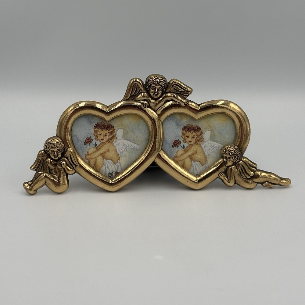 Vintage Brass Angels Trio Twin Heart Picture Frame Cherub Photo Holder Barouque - Picture 2 of 13